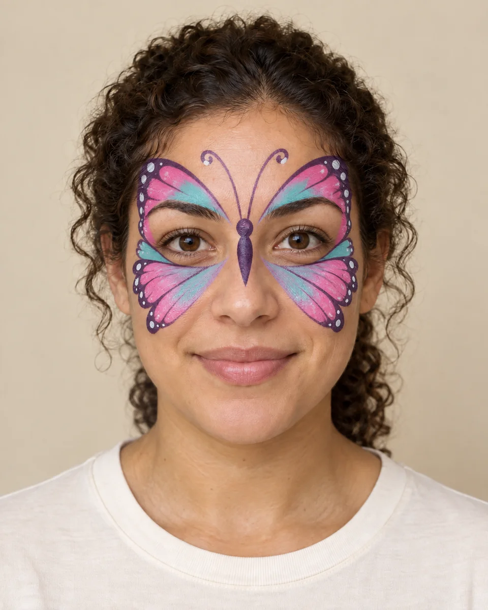 Pink Butterfly Face Paint on an original AI-generated fictional adult portrait