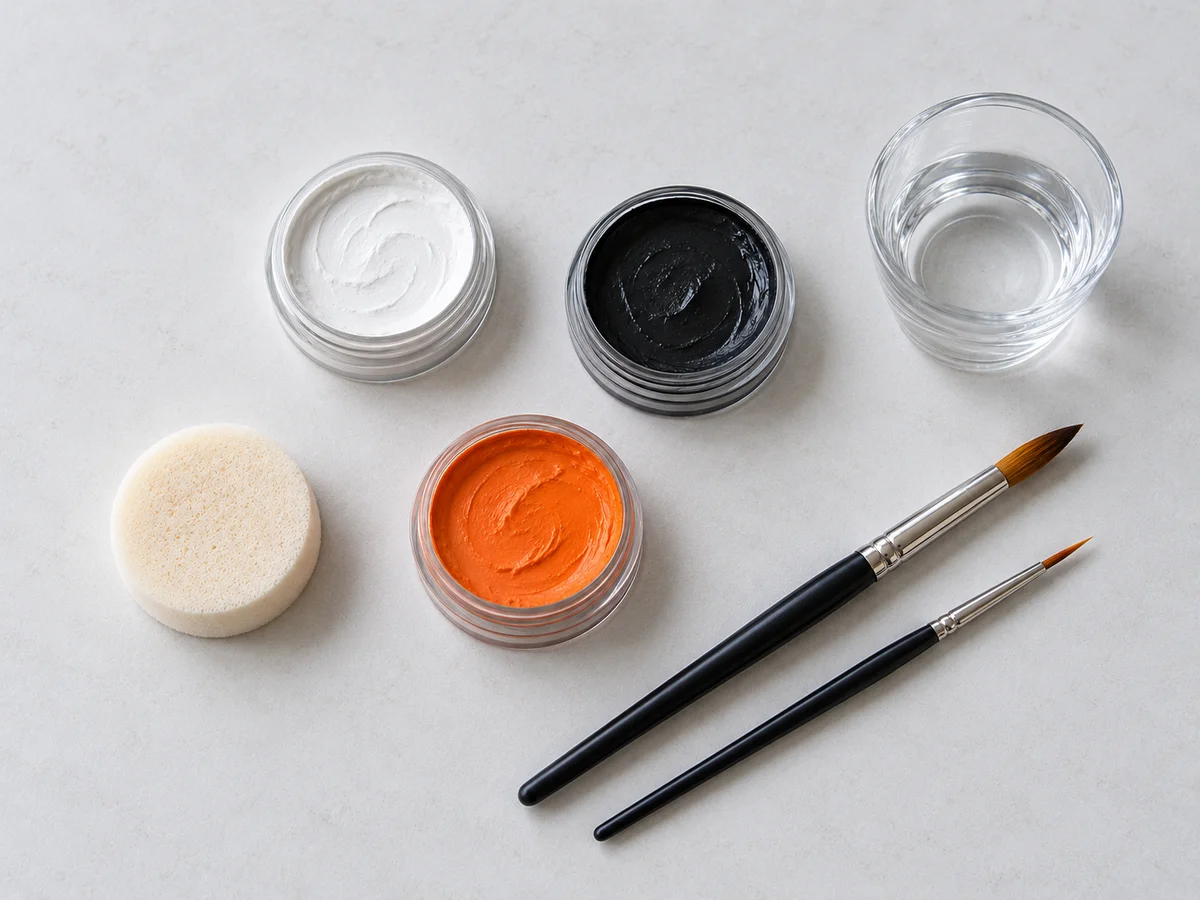 Illustrative unbranded black, white and orange face paints, two brushes, a sponge and a water cup
